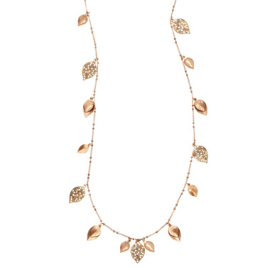 Pavé + Textured Leaves Long Necklace on a white background