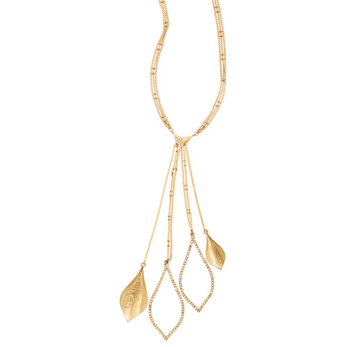 Pavé + Textured Leaves Y-Necklace on a white background