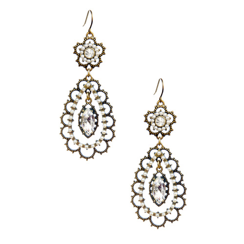Pearl + Crystal Floral Filigree Earrings on a white background