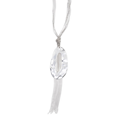 Long Hammered Metal + Chain Pendant Necklace on a white background