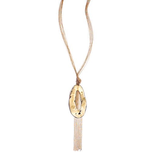 Long Hammered Metal + Chain Pendant Necklace on a white background