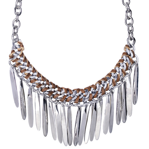 Woven Leather Stick Fringe Bib Necklace