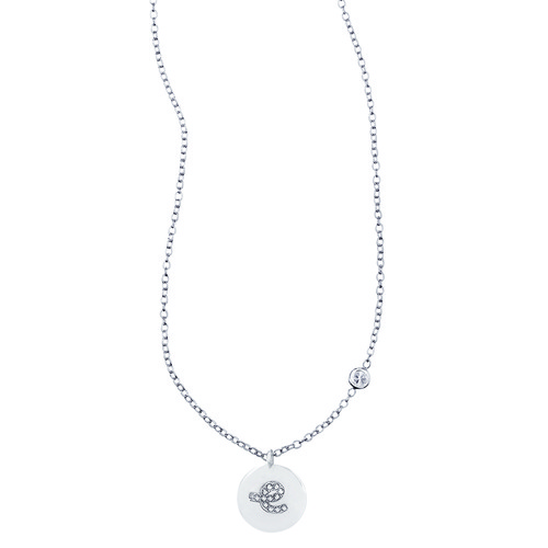Pavé Initial Disc "E" Charm Pendant on a white background