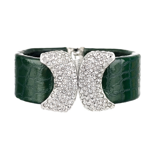 Pavé Accented Hinged Leather Cuff on a white background